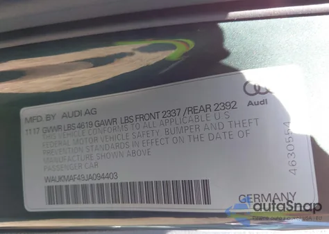 2018 Audi A4 2.0T Tech Ultra Premium/2.0T Ultra Premium from USA, damaged, VIN WAUKMAF49JA094403